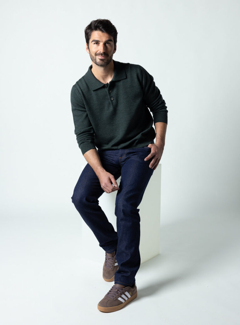 Maison Solfin - Pull col polo homme en laine merinos vert chiné – 6