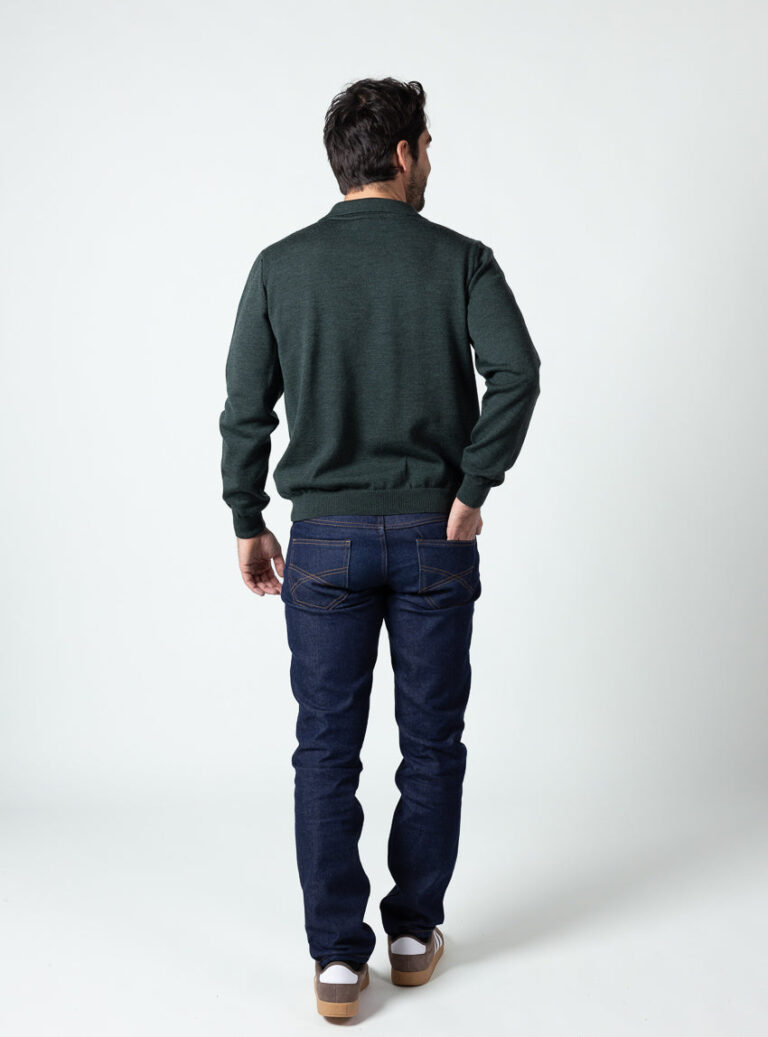 Maison Solfin - Pull col polo homme en laine merinos vert chiné – 6