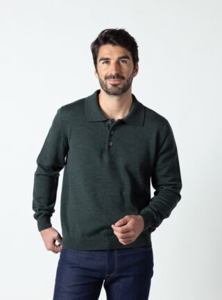 MAISON SOLFIN - Pull col polo homme en laine merinos vert chiné