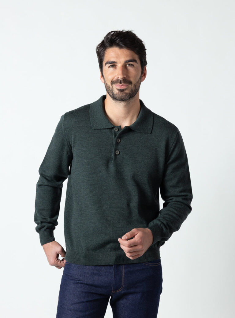 Maison Solfin - Pull col polo homme en laine merinos vert chiné – 6