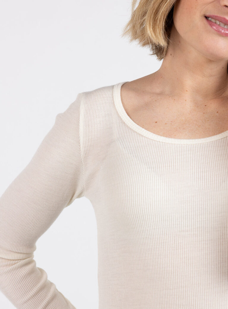 Maison Solfin - Tee-shirt manches longues femme laine mérinos et soie blanc naturel – 5