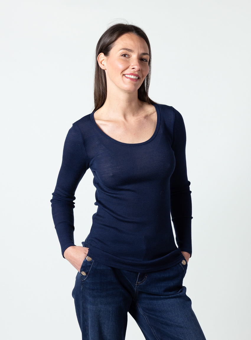 500029 bleu marine 5 Maison Solfin - Tee-shirt manches longues femme laine mérinos et soie bleu marine – 5