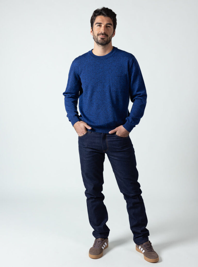 Maison Solfin - Pull homme col rond laine merinos bleu mouline – 6