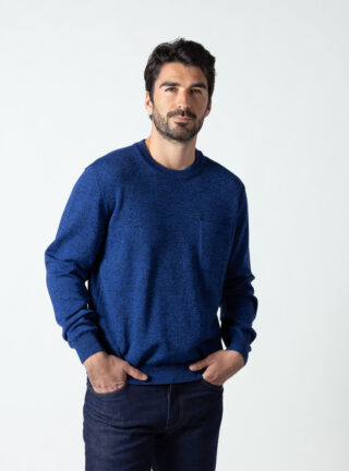 Pull homme col rond laine merinos bleu mouline par la marque MAISON SOLFIN MAISON SOLFIN - Pull homme col rond laine merinos bleu mouline