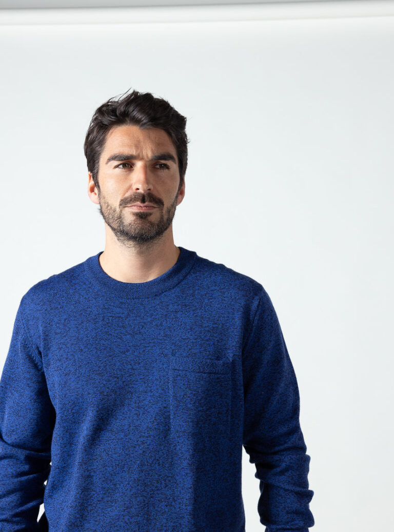 Maison Solfin - Pull homme col rond laine merinos bleu mouline – 6