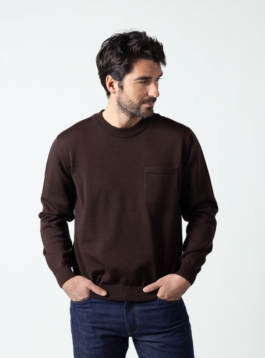 500035 marron chocolat 6 Maison Solfin - Pull homme col rond en laine merinos marron chocolat – 6