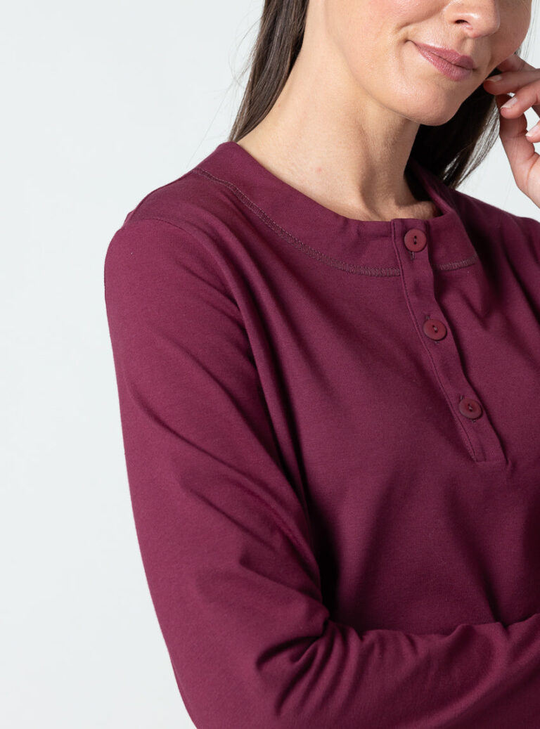 Maison Solfin - Chemise de nuit femme coton rouge bordeaux – 5