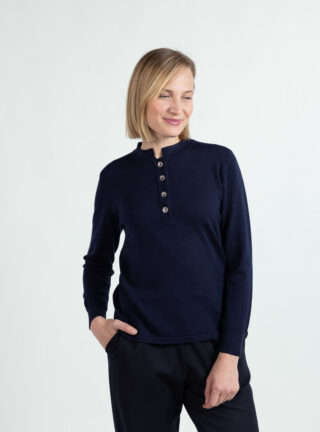 MAISON SOLFIN - Pull femme col montant laine mérinos bleu marine