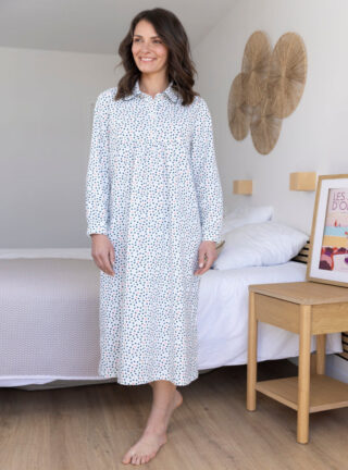 Chemise de nuit femme coton pois bleus par la marque MAISON SOLFIN MAISON SOLFIN - Chemise de nuit femme coton pois bleus
