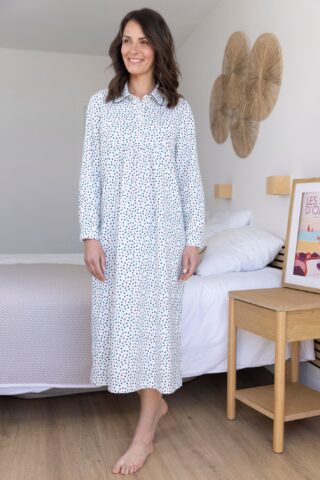 Chemise de nuit femme coton pois bleus par la marque MAISON SOLFIN MAISON SOLFIN - Chemise de nuit femme coton pois bleus