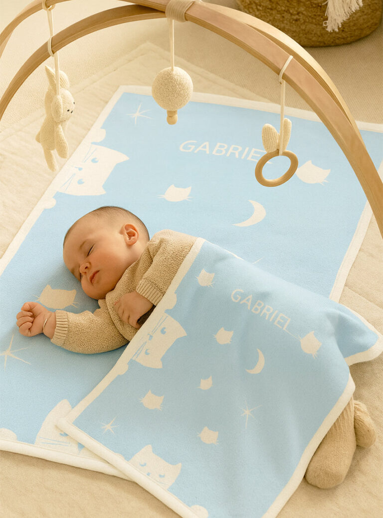 604713 BPS 1 plaid bebe chat laine bleu pastel Maison Solfin - Plaid bébé motif chats en laine bleu – 125/70
