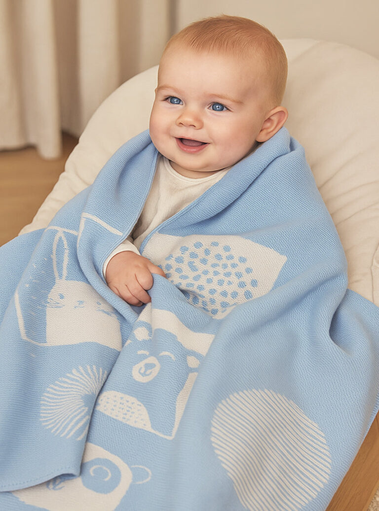 Maison-solfin - Plaid bébé laine mérinos motif animaux bleu pastel – 125/70