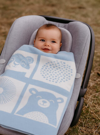 Plaid bébé laine mérinos motif animaux bleu pastel par la marque MAISON SOLFIN MAISON SOLFIN - Plaid bébé laine mérinos motif animaux bleu pastel