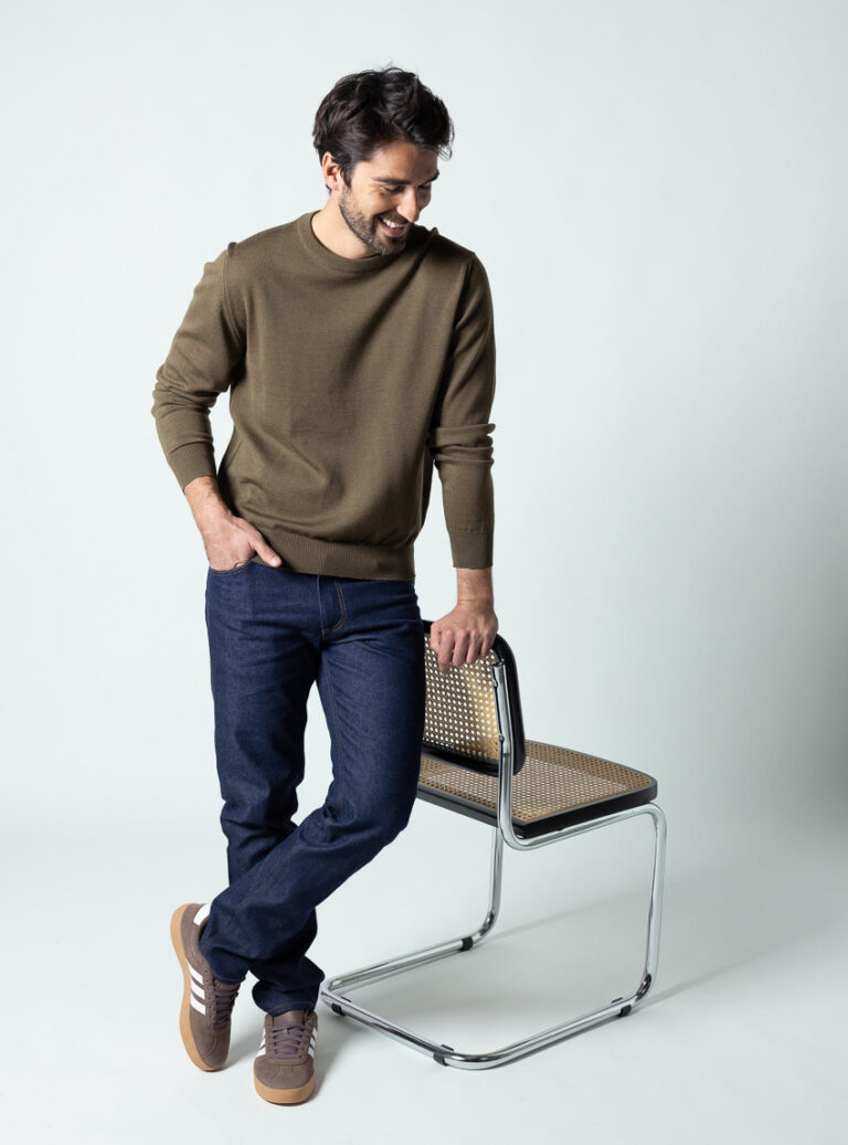 Maison Solfin - Pull col rond homme en laine merinos vert jonc – 6