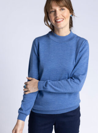 MAISON SOLFIN - Pull femme col cheminée en laine mérinos Bleu élégant
