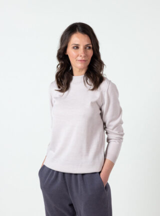 MAISON SOLFIN - Pull femme col cheminée laine mérinos beige naturel