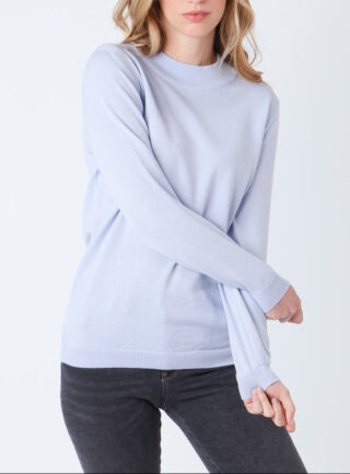 MAISON SOLFIN - Pull femme col cheminée en laine mérinos Bleu Ciel Léger