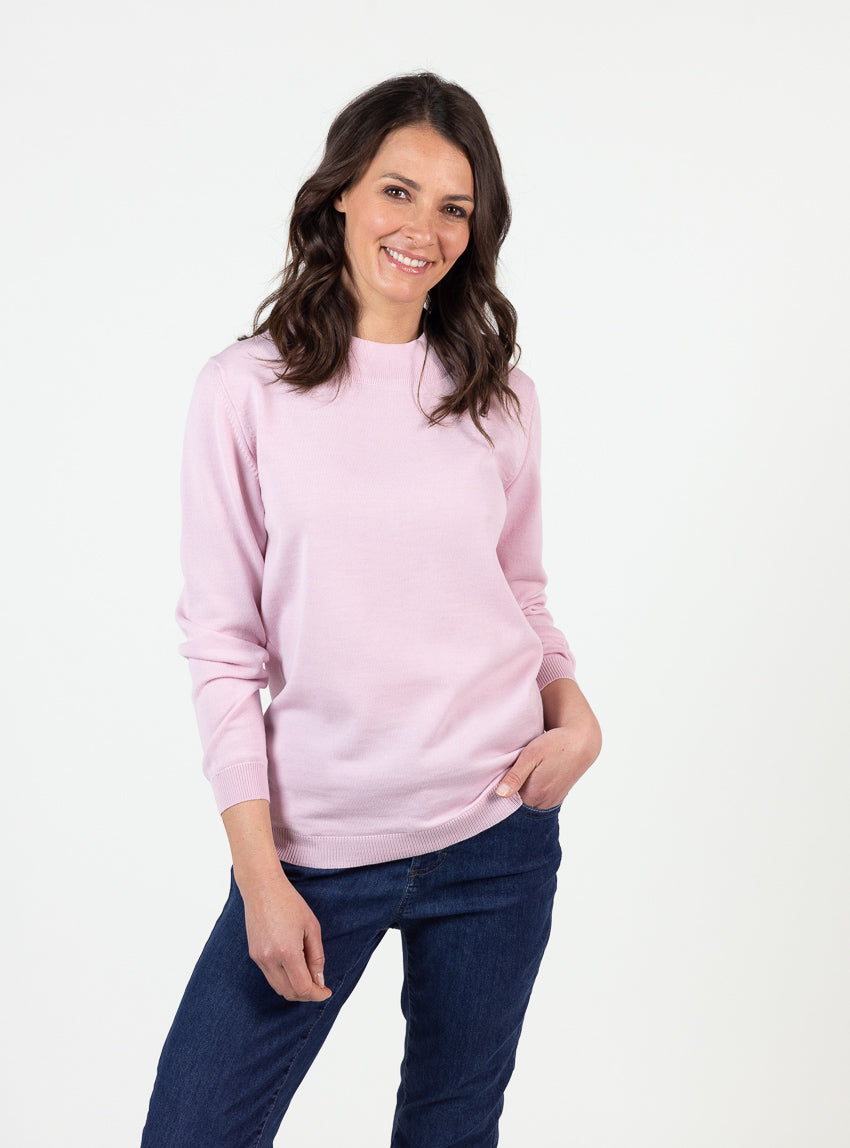 690 rose leger 4 Maison Solfin - Pull femme col cheminée laine mérinos rose léger – 50