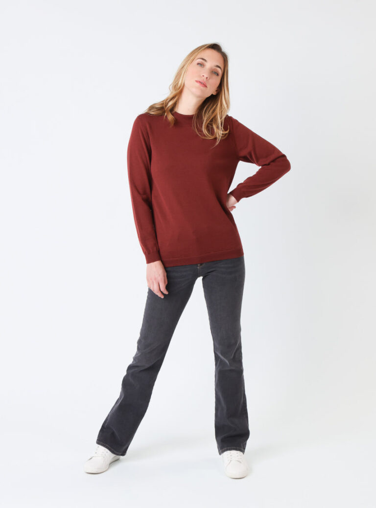 Maison-solfin - Pull femme col cheminée en laine mérinos Rouge Terre de Sienne – 38