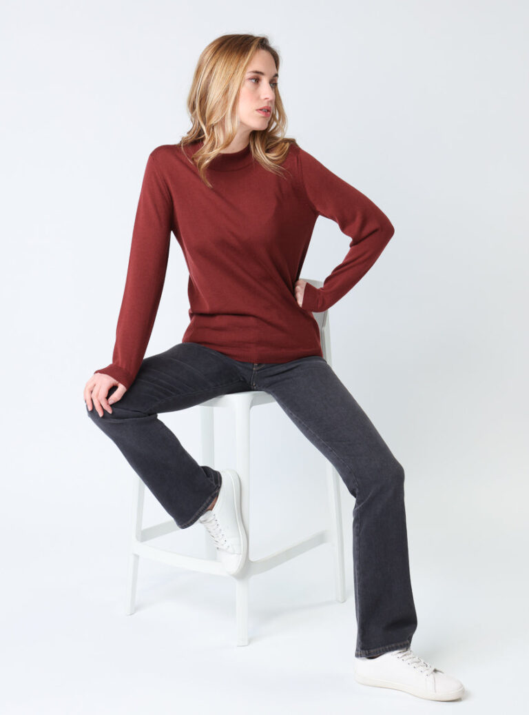 Maison-solfin - Pull femme col cheminée en laine mérinos Rouge Terre de Sienne – 38
