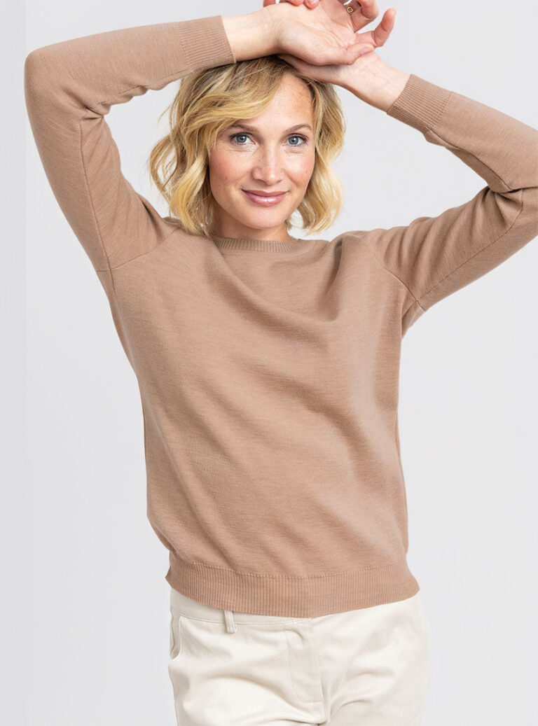 7451 BCD 2 Maison Solfin - Pull femme en laine mérinos col rond beige – 46