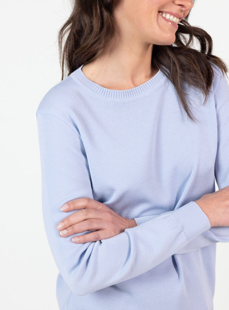 Maison Solfin - Pull femme encolure ronde laine mérinos bleu ciel léger – 50