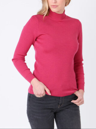 Pull chaussette femme col cheminee laine mérinos Rose géranium par la marque MAISON SOLFIN MAISON SOLFIN - Pull chaussette femme col cheminee laine mérinos Rose géranium