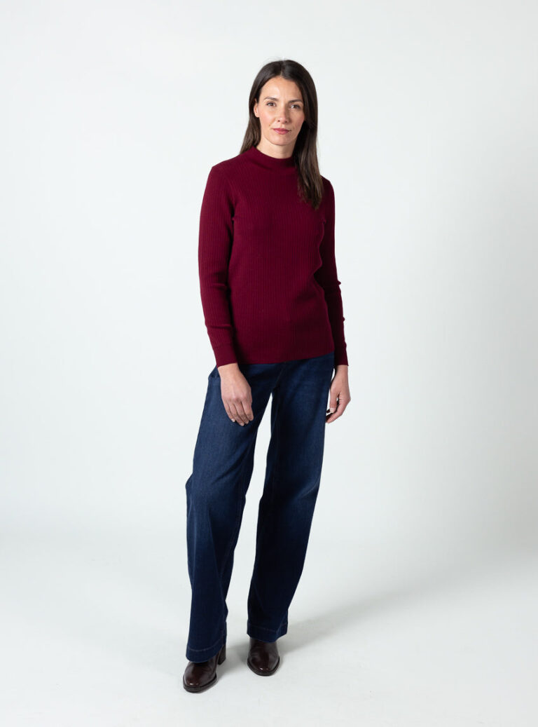 Maison Solfin - Pull femme col cheminée laine mérinos rouge médoc – 5