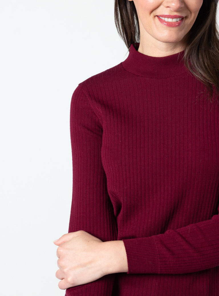 Maison Solfin - Pull femme col cheminée laine mérinos rouge médoc – 5