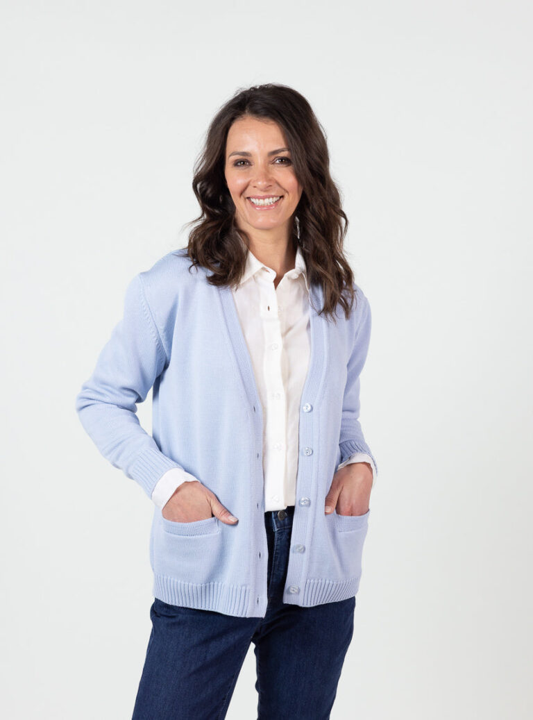 Maison Solfin - Gilet femme en pure laine vierge mérinos bleu nuage chiné – 50