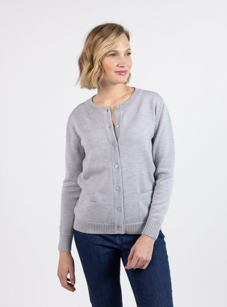 Maison Solfin - Cardigan femme col rond en laine mérinos gris givre – 50