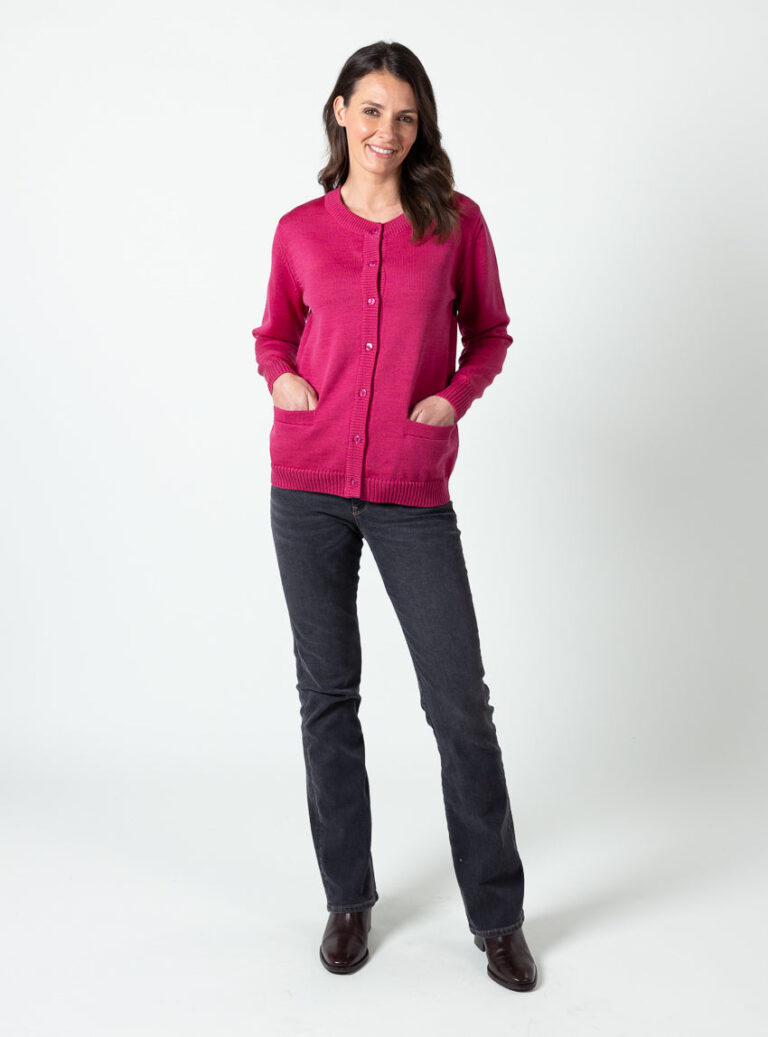 Maison Solfin - Cardigan femme col rond en laine mérinos rose géranium – 48