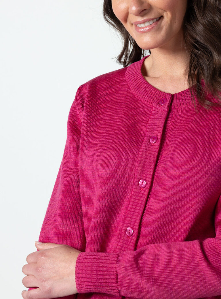 Maison Solfin - Cardigan femme col rond en laine mérinos rose géranium – 48