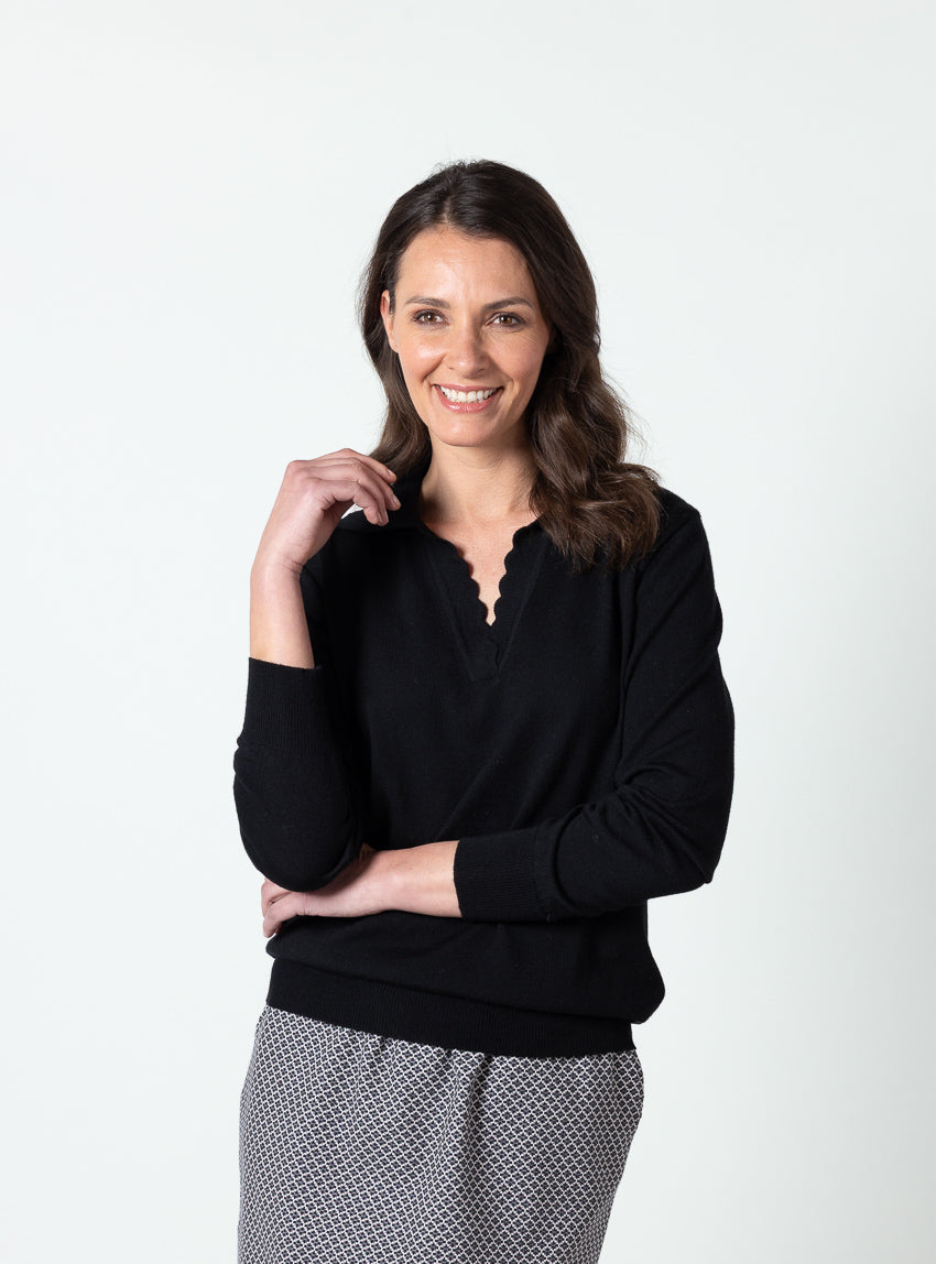 7604 noir 500045 noir blanc 5 Maison Solfin - Pull femme col polo en laine fine mérinos noir – 50