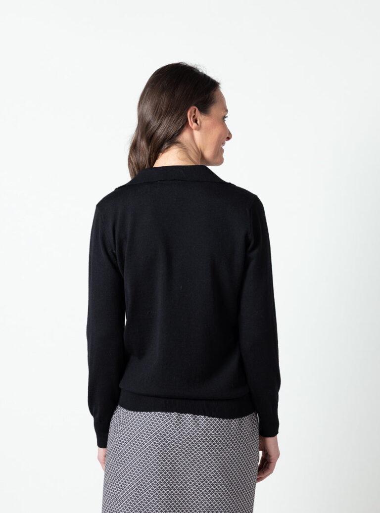Maison Solfin - Pull femme col polo en laine fine mérinos noir – 50
