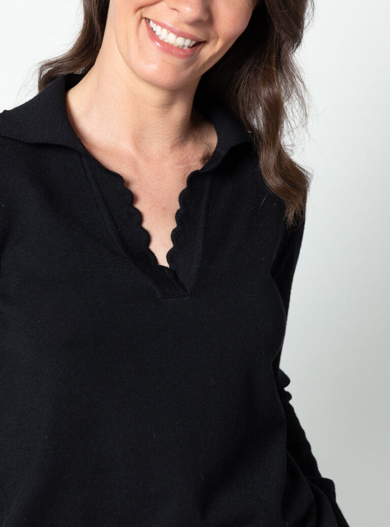 Maison Solfin - Pull femme col polo en laine fine mérinos noir – 50