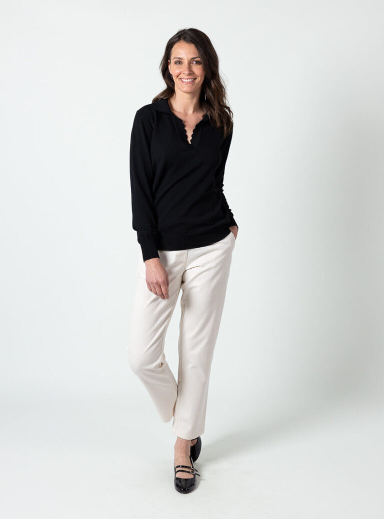 Maison Solfin - Pull femme col polo en laine fine mérinos noir – 50