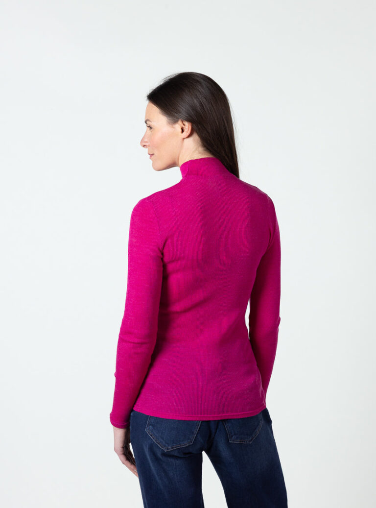 Maison Solfin - Pull femme col cheminée laine mérinos et soie rose framboise – 5