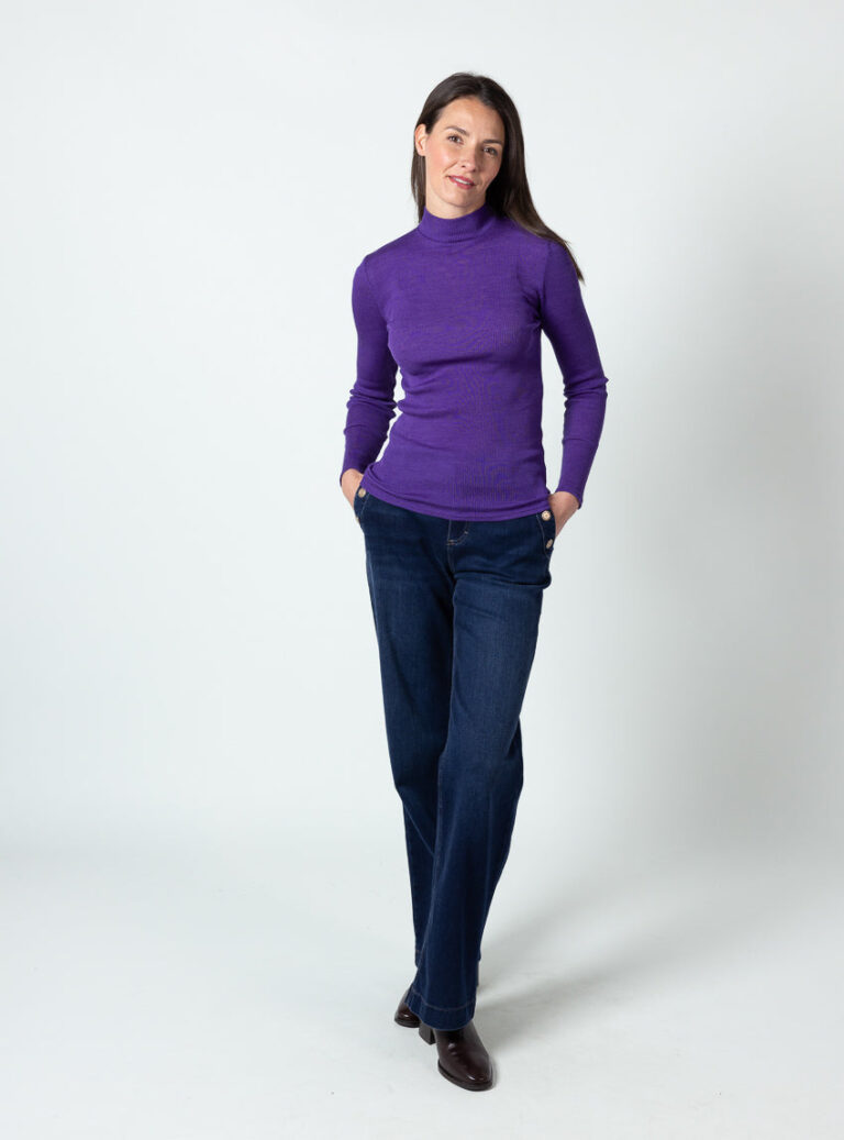 Maison Solfin - Pull femme col cheminée laine mérinos et soie violet foncé – 5