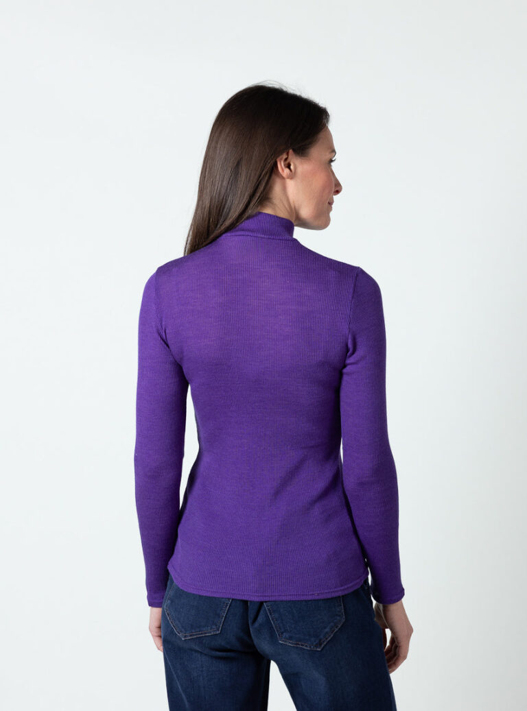 Maison Solfin - Pull femme col cheminée laine mérinos et soie violet foncé – 5