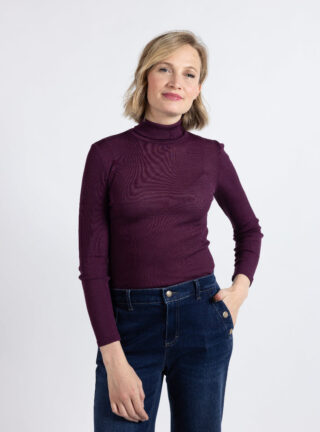 Pull chaussette femme col roulé laine mérinos et soie rose prune par la marque MAISON SOLFIN MAISON SOLFIN - Pull chaussette femme col roulé laine mérinos et soie rose prune