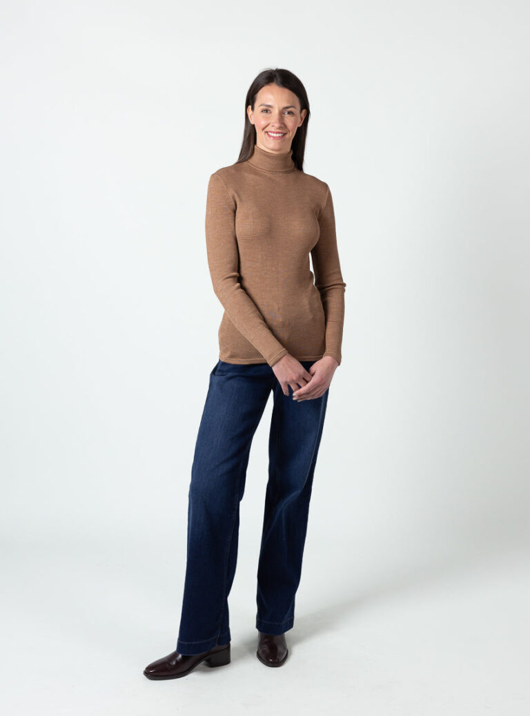 Maison Solfin - Pull chaussette femme col roulé laine mérinos et soie marron cuir – 5