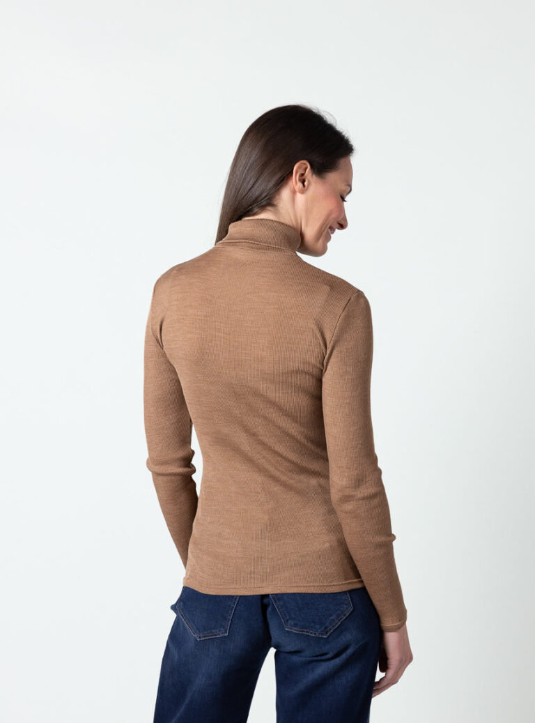 Maison Solfin - Pull chaussette femme col roulé laine mérinos et soie marron cuir – 5