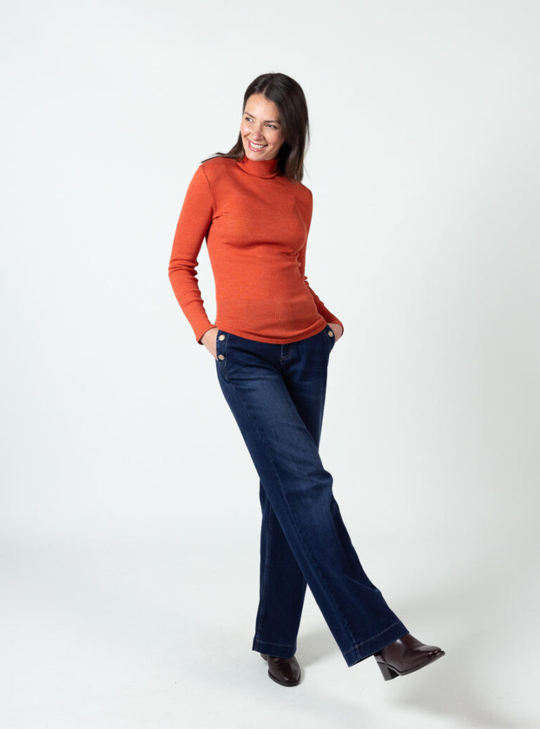 Maison Solfin - Pull chaussette femme col roulé laine mérinos et soie orange – 5