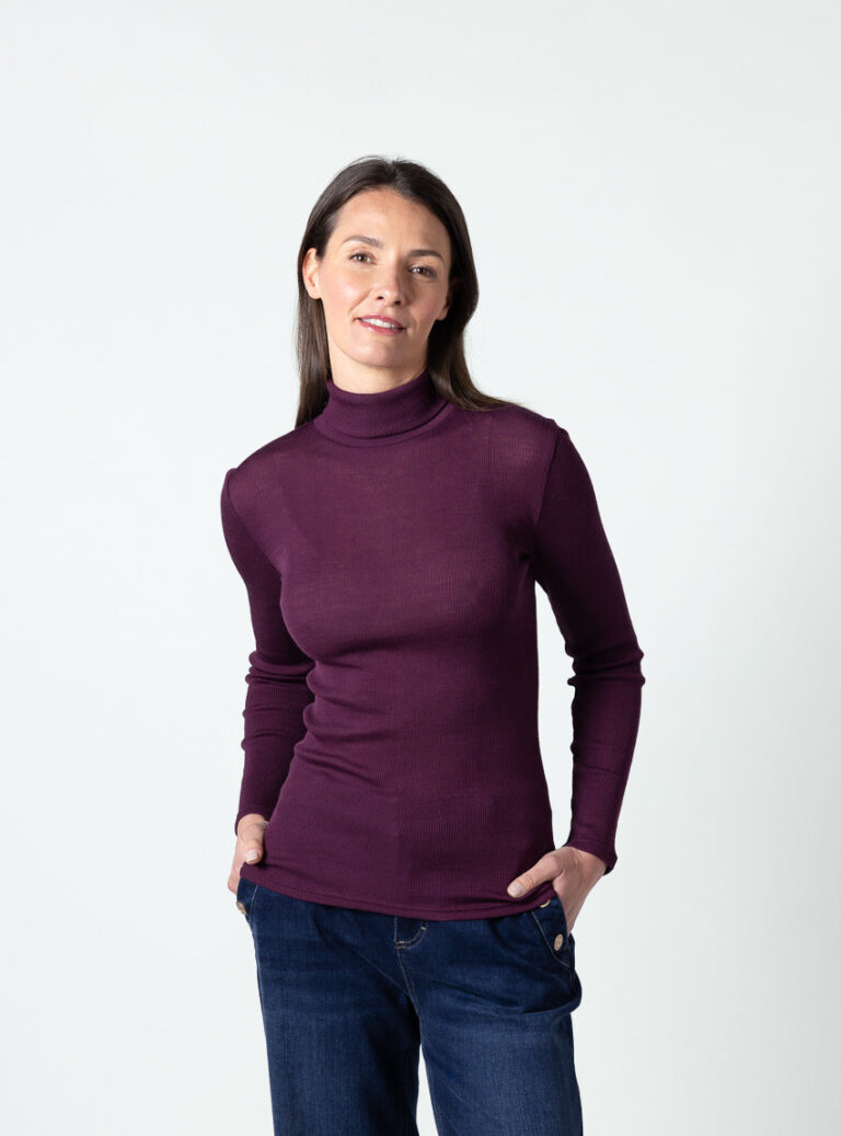 7651 rose prune 4 Maison Solfin - Pull chaussette femme col roulé laine mérinos et soie rose prune – 5