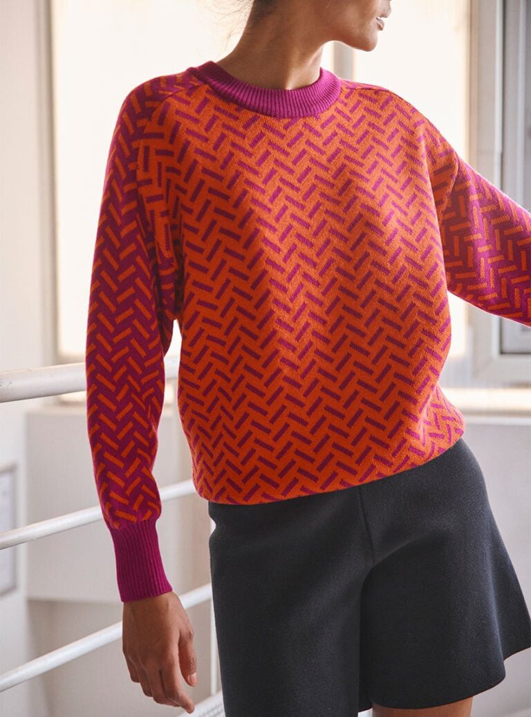 7673 OFT 6 pull cindy orange fruite LAFRANÇAISE Mailles in France - Pull jacquard orange Cindy – L