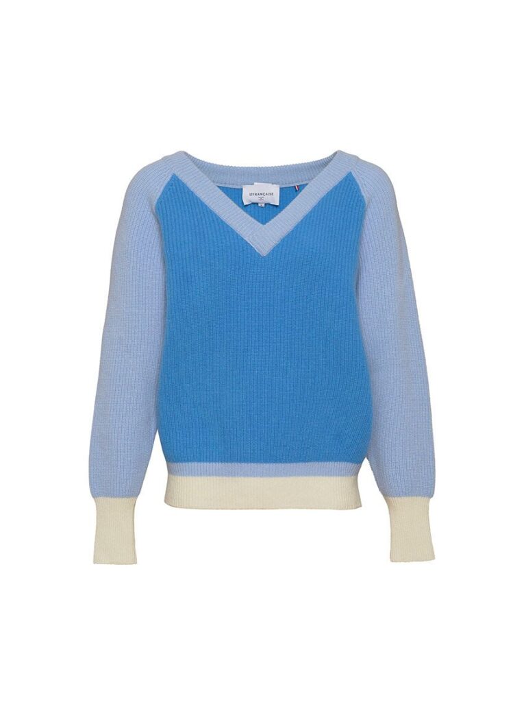 LAFRANÇAISE Mailles in France - Pull col v tricolore bleu Clémence – L