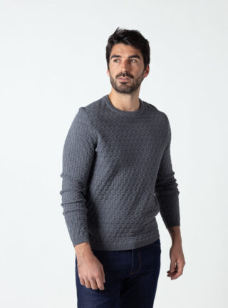 Pull homme effet damier gris minerais par la marque MAISON SOLFIN MAISON SOLFIN - Pull homme effet damier gris minerais