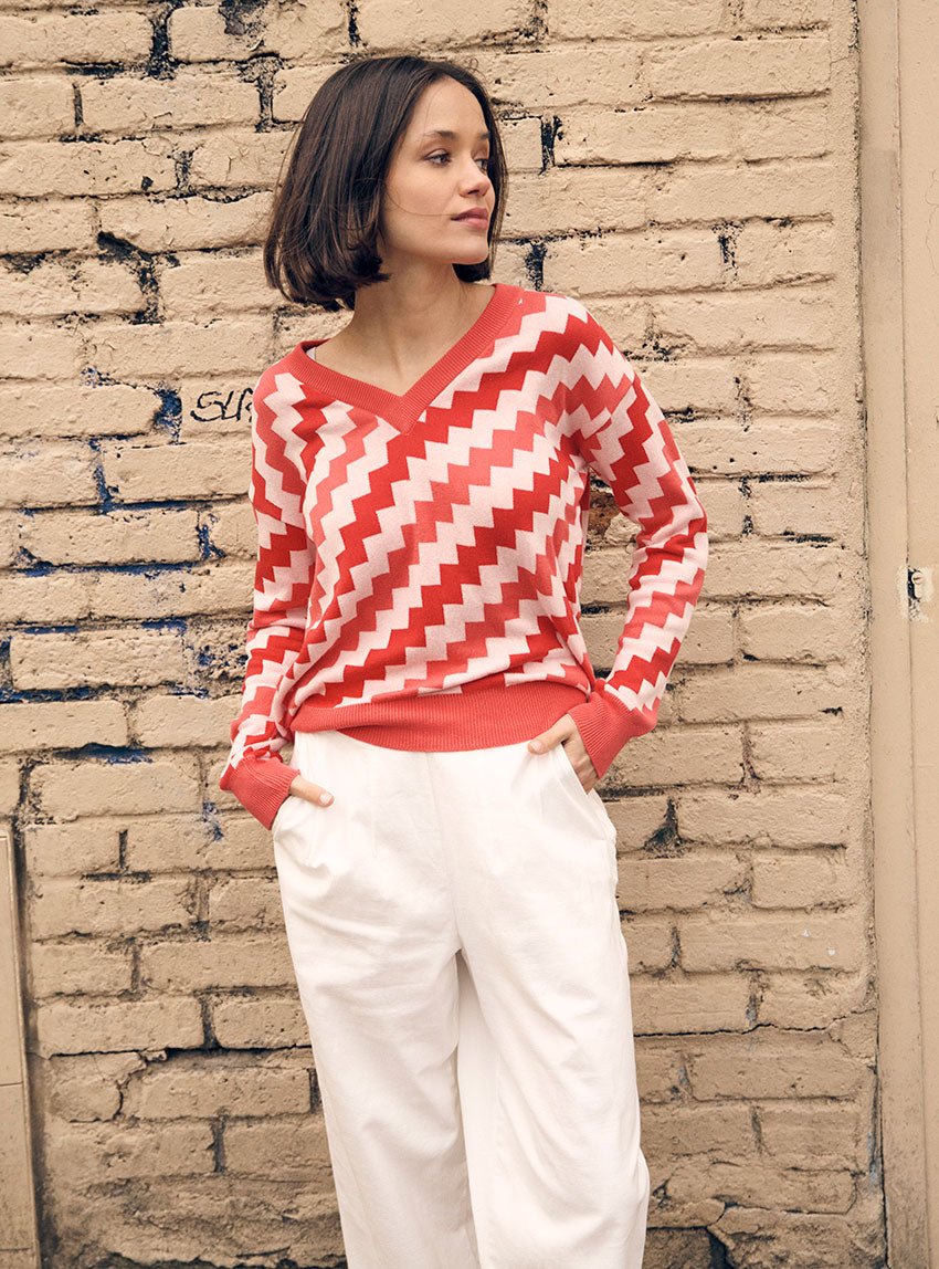 7744 RPQ 2 pull doriane rose pasteque LAFRANÇAISE Mailles in France - Pull col V damier Doriane – L