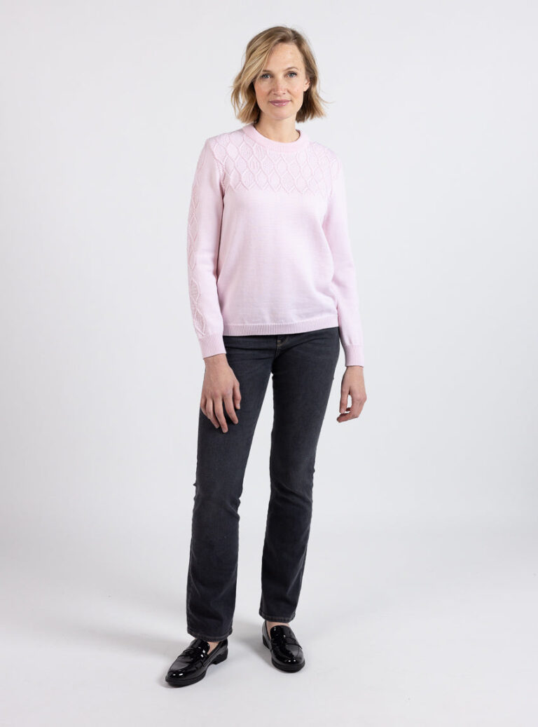 Maison Solfin - Pull femme esprit irlandais laine fine mérinos rose pastel – 50